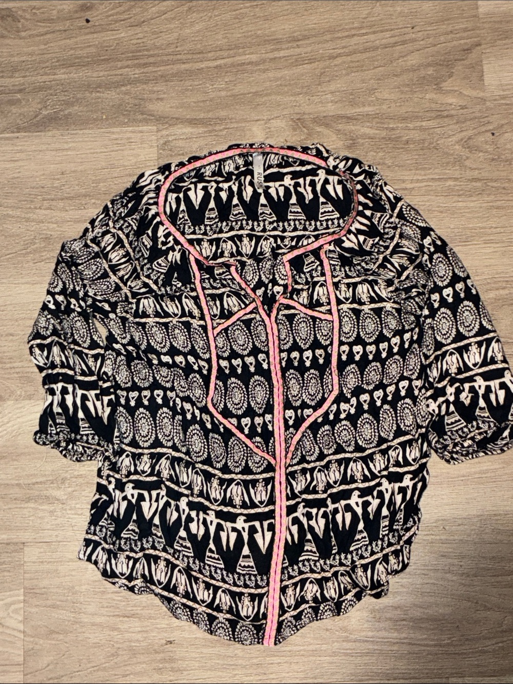 Black and White Printed Peasant Blouse with Pink Trim